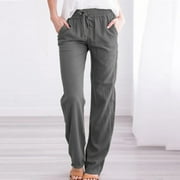 LoyisViDion Woman Pants Clearance Women Casual Pants Cotton and Linen Solid Drawstring Elastic Waist Long Straight Pants Gray XXXL